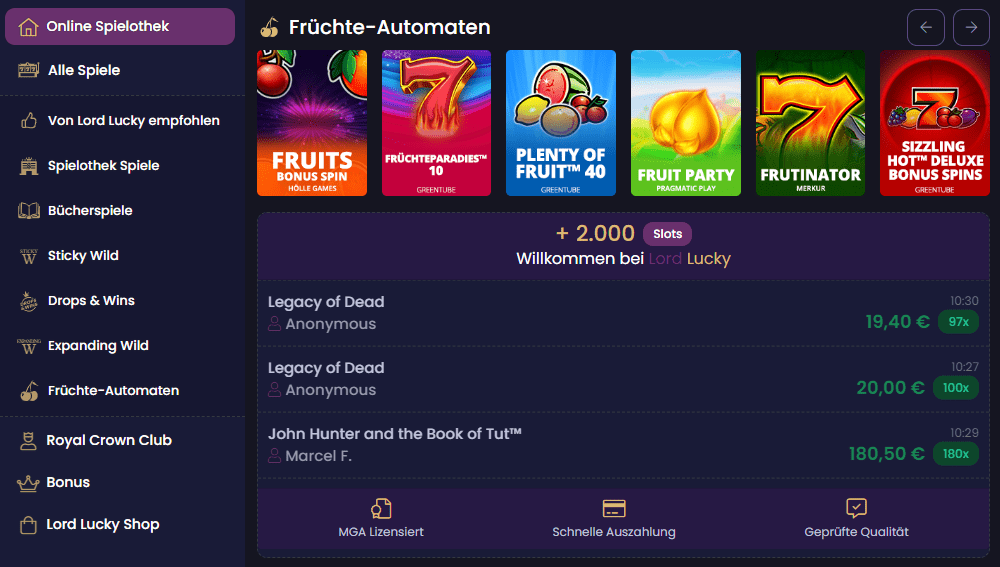Spielen Sie die besten Spiele in vertrauenswürdigen Online-Casino Lord Lucky in Deutschland!
